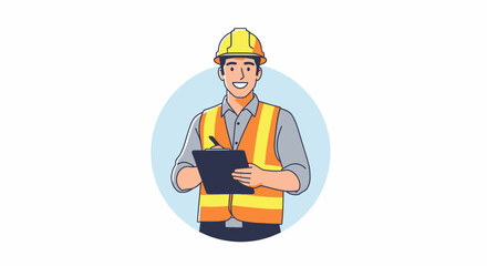 Smiling Construction Worker Holding Clipboard, Wearing Safety Vest and Helmet