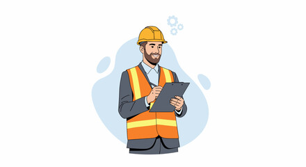 Smiling Engineer with Yellow Hard Hat and Clipboard Taking Notes