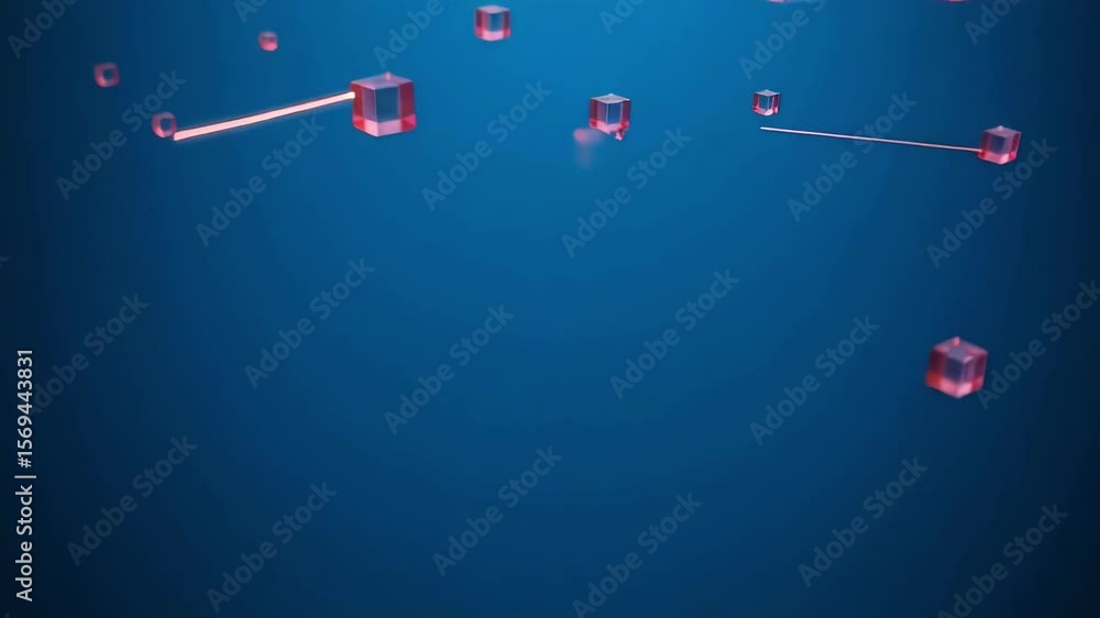 Poster a network of transparent red cubes connected by glowing lines floats against a dark blue digital bac