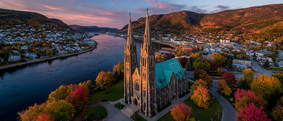 Aerial view of a gothic cathedral with twin spires beside a river and town in autumn colors