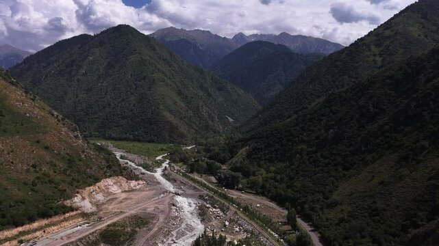 Talgar gorge, Tian Shan Mountains. Different vegetation and a mountain river. The view from the drone.