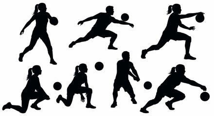 Volleyball Players Silhouettes Collection, Black Figures in Action Poses on White Background