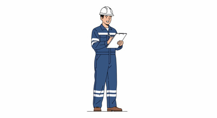 Smiling Male Engineer in Blue Workwear and White Hard Hat Filling Out Clipboard
