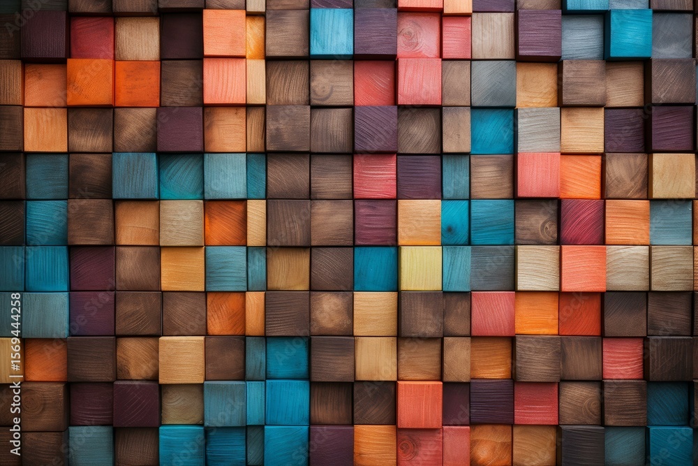 Poster multicolored wooden cubes creating a vibrant and textured background, ideal for design projects
