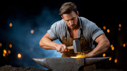 Blacksmith hammers metal at forge, sparks flying in the dark workshop. Focus on artisan trade and traditional craftsmanship. Concept of metalworking, artistry, blacksmithing