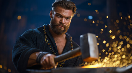 Bearded man striking metal with hammer in workshop full of bright sparks. Warm, rustic setting filled with tools and equipment. Concept of craftsmanship, trade skills, blacksmithing