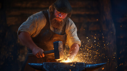 Blacksmith hammers glowing metal on anvil, sparks flying from intense effort. Workshop setting filled with tools and rustic charm. Concept of craftsmanship, artisanal skills, blacksmithing