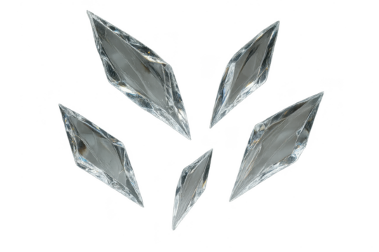 Arrangement of shiny crystal shards isolated on transparent background, clear