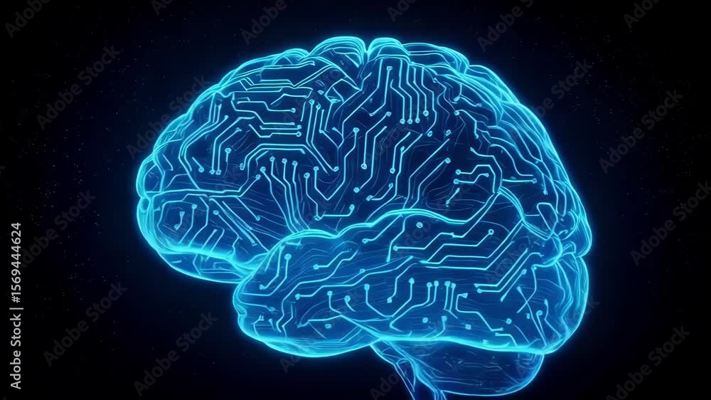 Poster a glowing blue digital brain with circuit patterns symbolizes artificial intelligence on a dark back