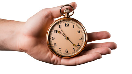 Holding a vintage pocket watch shows time passing in hand isolated on transparent background