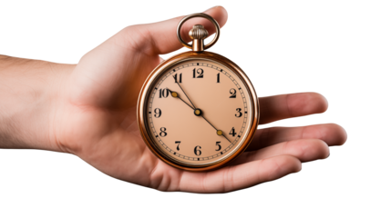 Holding a vintage pocket watch shows time passing in hand isolated on transparent background