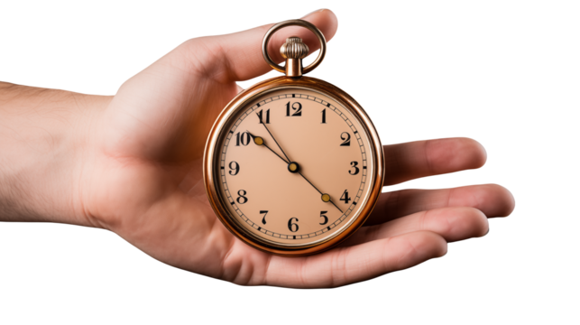 Holding a vintage pocket watch shows time passing in hand isolated on transparent background