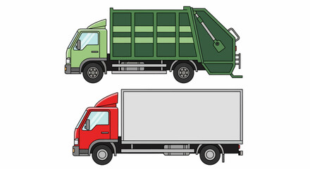 Vector Illustration of Green Garbage Truck and Red Delivery Truck