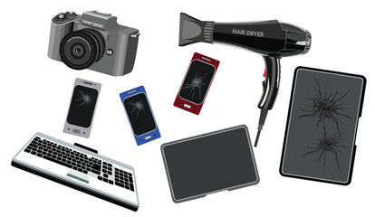 A collection of common broken electronic devices like smartphones, a camera, keyboard, and hair dryer, in a flat vector style