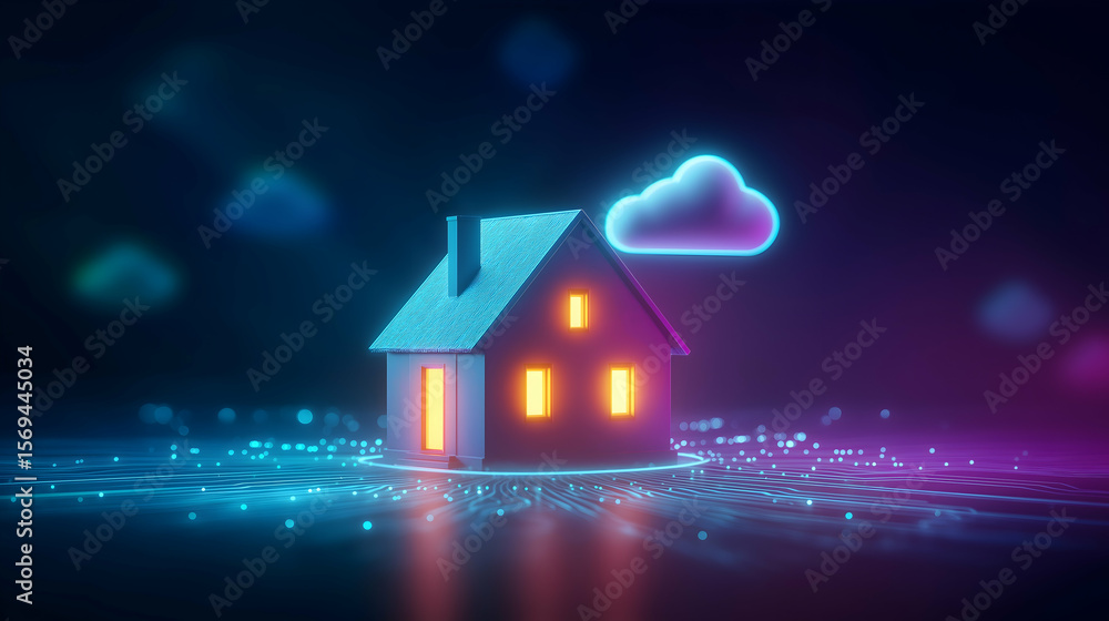 Poster a glowing digital house with illuminated windows and a cloud icon above, set against a dark, abstrac
