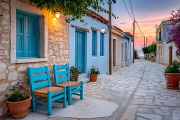 Obraz premium Picturesque greek village street with colorful houses at sunset