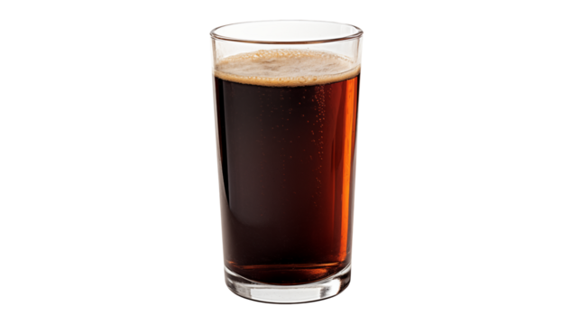 Dark liquid beverage fills a transparent glass isolated on transparent background