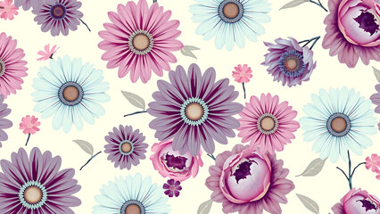 An Impressionistic Montage of Delicate Daisies and Blossoms in Soft Hues of Lavender Pink and Pale Blue Adorning a Creamy Canvas