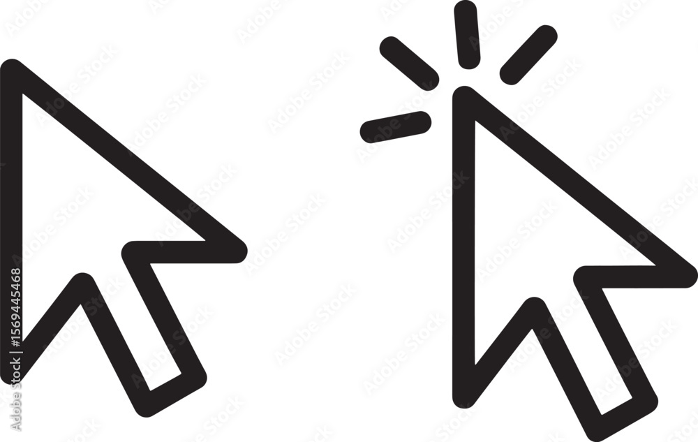 Poster two black cursor icons one active with click effect isolated on white background silhouette