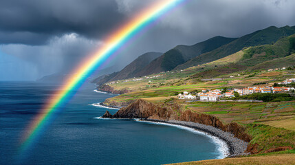 Rainbow spanning coastline under stormy clouds with verdant hills and blue ocean