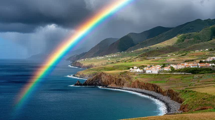  Rainbow spanning coastline under stormy clouds with verdant hills and blue ocean © Robert Kneschke
