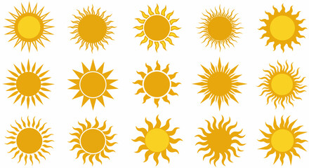 Fifteen Yellow Sun Icons with Varied Ray Styles on White Background