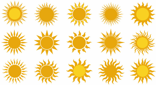 Fifteen Yellow Sun Icons with Varied Ray Styles on White Background