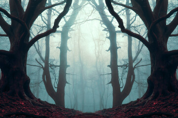 A mysterious mirror image of a spooky forest on a eerie foggy winters day