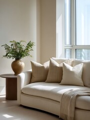 Fototapeta premium Cozy modern living room with beige sofa and decorative plant.