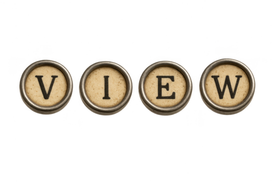 Vintage typewriter keys spelling the word VIEW, isolated on transparent background - Powered by Adobe