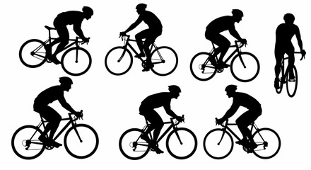 Obraz premium Six Silhouettes of Cyclists in Action, Road Bikes, Black and White