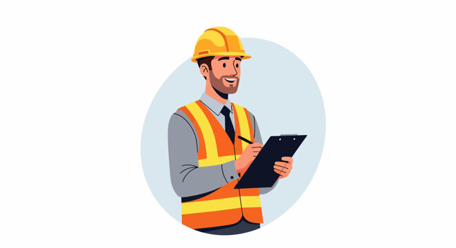 Smiling Construction Worker in Yellow Hard Hat and Safety Vest Writing on Clipboard