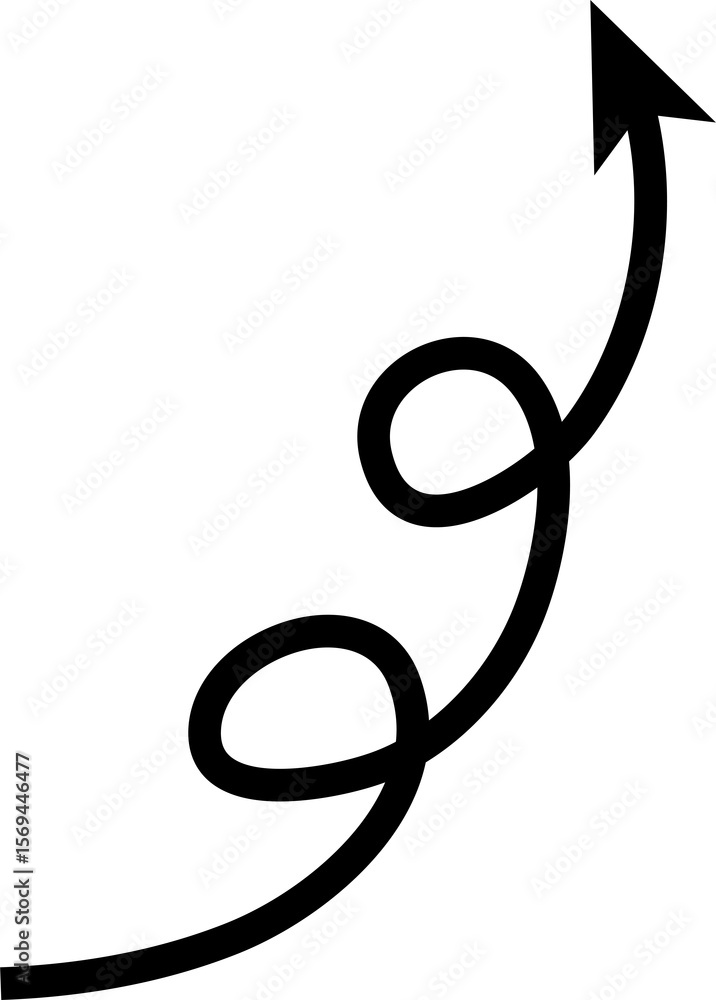 Poster black curved arrow pointing upwards with loops on white background