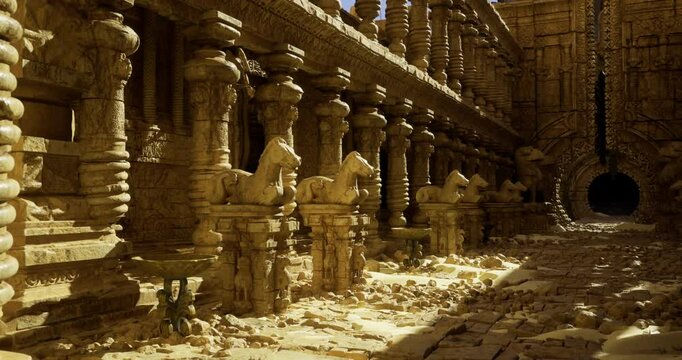 Ruins of an ancient temple feature detailed horse sculptures lined along stone columns, illuminated by warm afternoon sunlight.