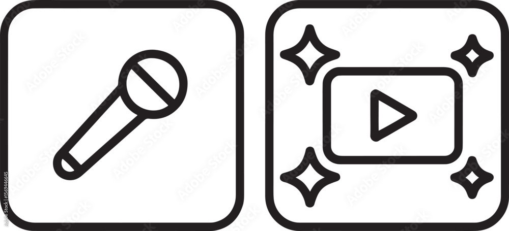 Poster microphone and play button icons representing audio and video content creation isolated on white bac