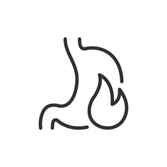Stomach with fire symbol, linear icon. Heartburn, acid reflux or digestive discomfort. Line with editable stroke.