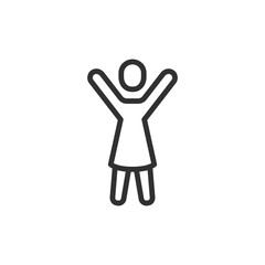 Happy woman linear icon. joy, celebration, freedom, or success. Suitable for positive emotion or lifestyle themes. Editable stroke.