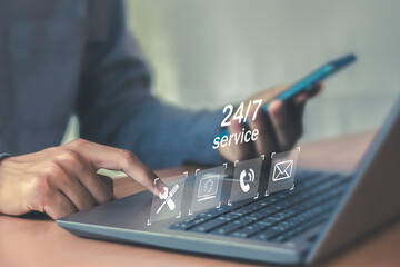 24-7 Service 24-7 online store concept with full-time, 24-7 access to global customer service.	