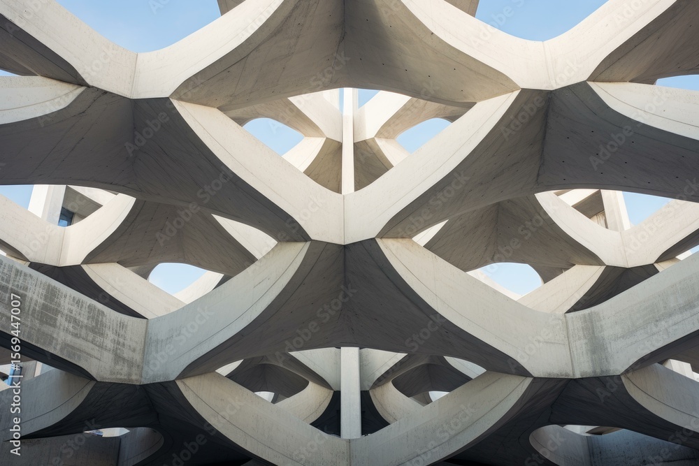 Poster low angle view of a complex concrete structure, its curved beams forming a repeating pattern with op