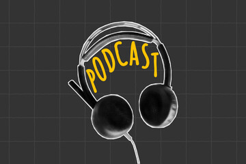 Vintage halftone collage of podcast visuals, zine cutout headphones. Bright yellow pop art doodles, punk style broadcasting, live audio and digital media layout.