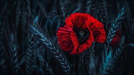A Dramatic Red Poppy Bloom Against a Deep Blue Wheat Field Creates a Striking Contrast