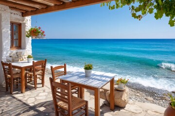 Fototapeta premium Wooden tables and chairs inviting tourists to enjoy beautiful turquoise sea view in traditional greek tavern