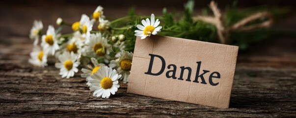 paper label with german word thank you on wooden background with spring flowers