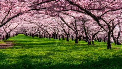 Pink cherry blossoms bloom on trees in a vibrant spring park landscape