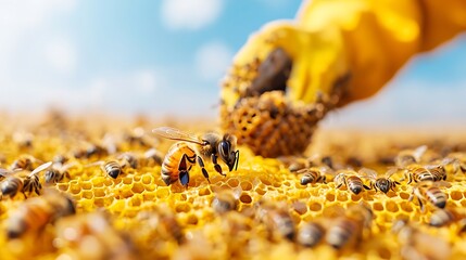 Busy Bees on Honeycomb, Apiary Life, Sunny Day