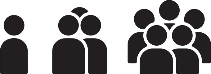 Iconographic representation of increasing group sizes silhouette isolated on white background