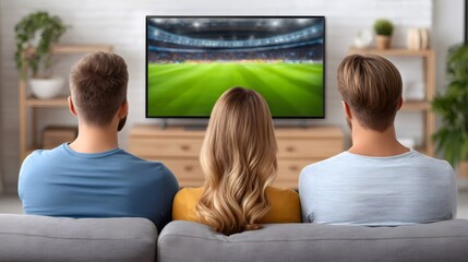 Friends watching football match on tv at home