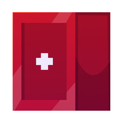 First aid kit box with cross, red medicine chest vector icon, health care medical equipment locker, emergency help case