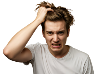 A frustrated young man pulling his hair on transparent background 