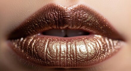 Fototapeta premium Close-up of glittery metallic bronze lips with glossy finish